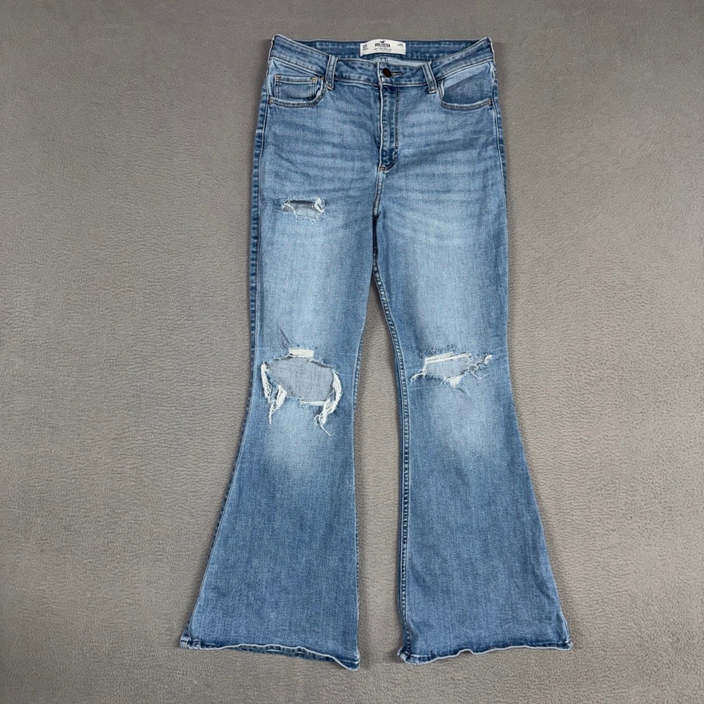 Hollister Jeans Womens 12 Short Blue Curvy High-Rise Flare Distressed Denim
